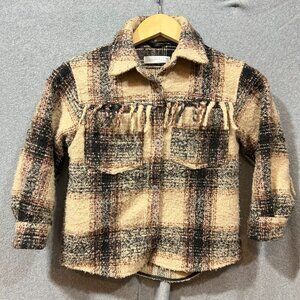 ZARA Kids Fringe Plaid Shacket Coat Girl Sz 7 Button Front Soft Wool Jacket